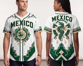 Koszulka baseballowa Meksyku, zielono-biała koszula z siateczki z guzikami z przodu, koszulka letnia Heritage Mexico Graphic Casual, koszulka z Meksyku