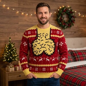 May include: A long-sleeve crew neck sweater featuring a red and yellow color scheme with a repeating white snowflake and reindeer pattern. The center of the chest displays a large, black-outlined graphic of two rounded, textured shapes.