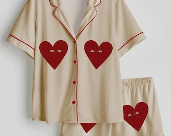 Women’s Couple Heart Satin Pajama Set, Valentine’s Day Love Heart Short Sleeve Sleepwear