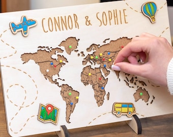 世界地図プッシュピンウォールアート（無料ピン付き）、コルク世界地図