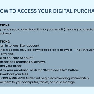 May include: A light blue graphic with the text "HOW TO ACCESS YOUR DIGITAL PURCHASE." Instructions are provided in a blue box, detailing how to download digital files from Etsy, including email and account access methods.