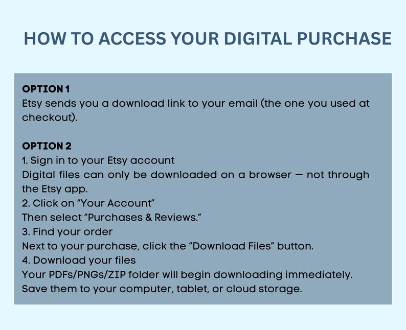 May include: A light blue graphic with the text "HOW TO ACCESS YOUR DIGITAL PURCHASE." Instructions are provided in a blue box, detailing how to download digital files from Etsy, including email and account access methods.