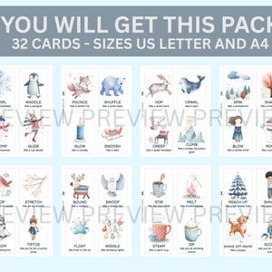 May include: A set of 32 illustrated cards with winter-themed images and words like "Twirl" and "Waddle." The cards are labeled with the text "YOU WILL GET THIS PACK" and "32 CARDS - SIZES US LETTER AND A4."