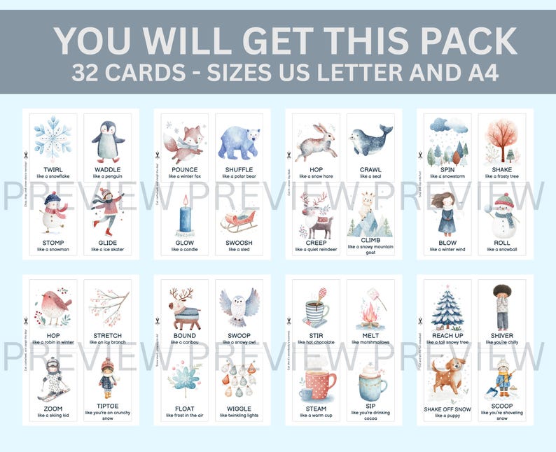 May include: A set of 32 illustrated cards with winter-themed images and words like "Twirl" and "Waddle." The cards are labeled with the text "YOU WILL GET THIS PACK" and "32 CARDS - SIZES US LETTER AND A4."