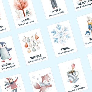 May include: A collection of illustrated cards with winter-themed actions. Each card features a watercolor image and a descriptive word, such as "Stomp like a snowman" and "Twirl like a snowflake." The cards are on a light blue background.