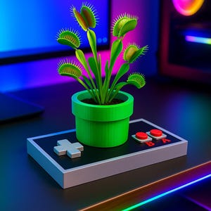 May include: A green Venus flytrap plant in a green pot, on a controller-shaped base with red buttons and a directional pad. The background shows a computer setup with colourful lighting.