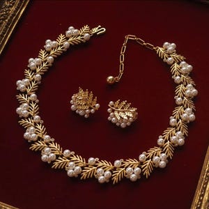 Vintage Trifari Gold Pearl Leaf Necklace & Earrings Set Crown Mark 1960s