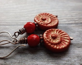 Boho red and burnt orange earrings, colourful copper earrings with Czech glass Ammonite beads and Sterling silver earwires