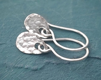 Tiny silver earrings, dainty hammered Sterling silver droplet earrings, ideal Christmas gift or stocking filler for her, gift for Mum