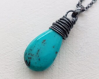 Turquoise necklace / Sterling silver Natural Turquoise pendant / Oxidised silver necklace / December birthstone/ Christmas gift for her