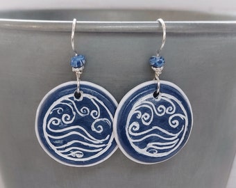 Beach earrings / Blue and white earrings / Seaside earrings / Navy blue earrings / Nautical earrings / Sailing gift for her / Waves earrings
