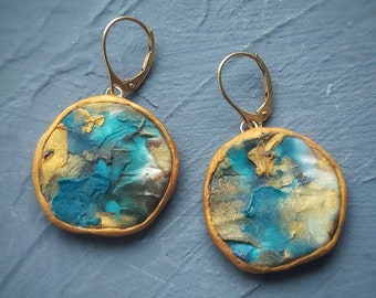 Blue and gold earrings - Teal, brown and gold  earrings - Colourful earrings - Polymer clay earrings - Abstract earrings - Art jewellery