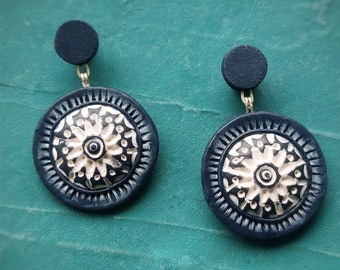 Dark blue and white earrings / Greek style / Holiday earrings / Round earrings / Summer earrings / Lightweight clay / Tile pattern earrings