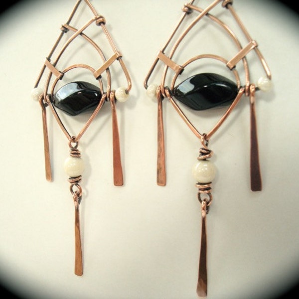 Statement Earrings - Art Deco - Boho Earrings - Black Earrings - Bohemian Jewelry - Copper earrings - Boho Jewellery - 7th anniversary gift