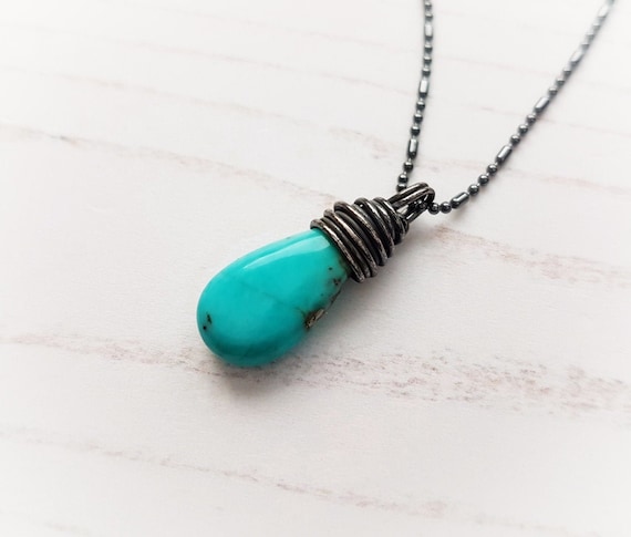 Modern Turquoise Necklace Dark Wire Wrapped Turquoise Pendant in