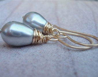 Grey Swarovski pearl earrings, simple pearl drop earrings with gold filled wire wrap, bridal earrings, gift for her