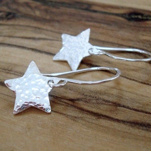 Tiny silver star earrings, dainty hammered silver drop earrings, birthday gift, Christmas gift for her, Stocking filler for her