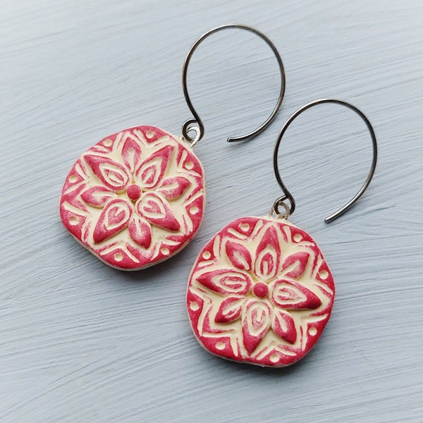 Red Tile Earrings: Handmade Sterling Silver Boho Jewelry