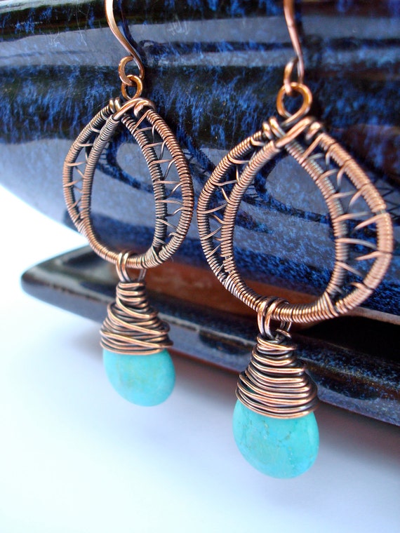 Items similar to Turquoise and woven copper drop earrings on Etsy