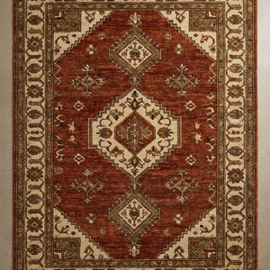 Rust Red Diamond Medallion Rug, Hand Knotted Wool Area Rug, Traditional Persian Style Kazak Carpet, Ivory Border Rug 8x10, Home Decor