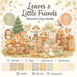 May include: A watercolour clipart bundle named "Leaves & Little Friends" showing illustrations of woodland creatures, children, pumpkins, and autumn leaves. The image includes the text "52 PNG Files" and "10 Papers".