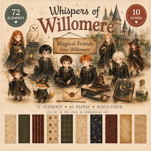Puede incluir: Una colección digital titulada Whispers of Willomere con 72 elementos y 10 papeles. La imagen muestra personajes de estilo caricatura con túnicas de mago, un búho, un castillo, libros, una varita y un sobre sellado. Diez muestras de papel.