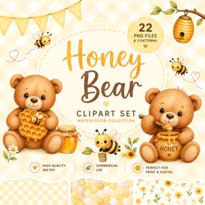Pode incluir: Um conjunto de cliparts em aquarela com o tema do urso de mel. A imagem inclui dois ursinhos de pelúcia, abelhas, potes de mel e favos de mel. O texto diz "Honey Bear Clipart Set" e "22 PNG Files & 3 Patterns". O fundo é um padrão xadrez amarelo.