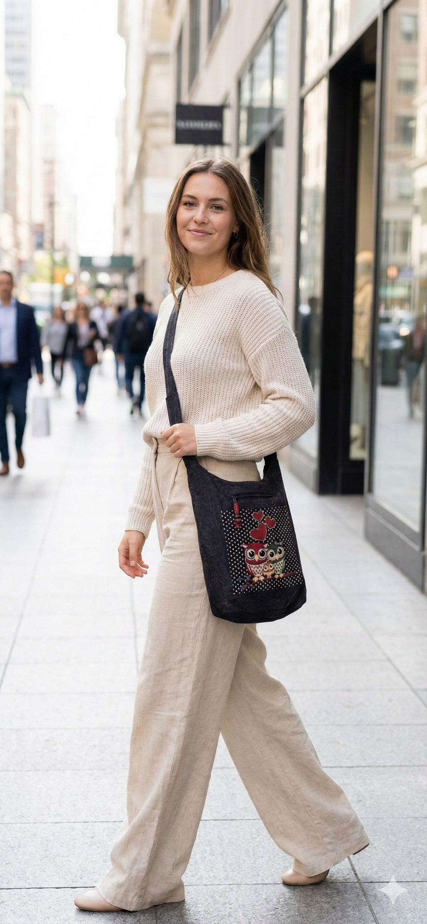 Woven Crossbody Bag with Owl Embroidery, Boho Fabric Shoulder Bag