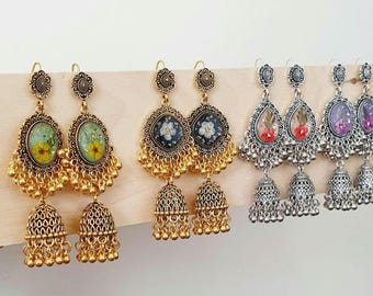 Handmade Resin Jhumkas with Pressed Flowers | Beaded Dangle Earrings | jhumka earings | gift | eid