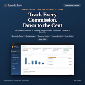 May include: A digital software interface for insurance agents titled Commission Tracker. The dark blue dashboard displays financial metrics, commission charts, policy management, and lead pipeline data. Text includes Track Every Commission, Down to the Cent.