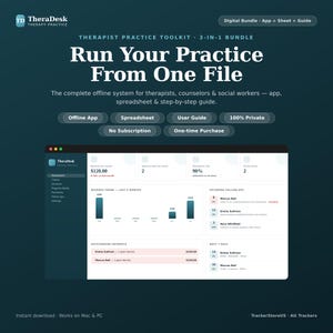 May include: A digital toolkit for therapists titled TheraDesk, featuring a 3-in-1 bundle with an offline app, spreadsheet, and user guide. The interface displays a dashboard with revenue trends, upcoming follow-ups, and outstanding payments.