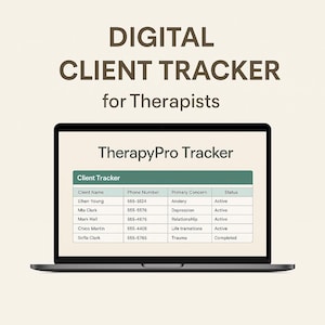 Puede incluir: Un ordenador portátil que muestra un rastreador digital de clientes para terapeutas. La pantalla muestra una tabla con nombres de clientes, números de teléfono, preocupaciones y estados. El texto en la parte superior dice "DIGITAL CLIENT TRACKER for Therapists."