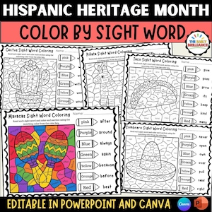 May include: A set of five educational worksheets titled Hispanic Heritage Month Color by Sight Word. The pages feature line art of a cactus, piñata, taco, maracas, and sombrero with color keys using crayon icons and sight words for coloring.