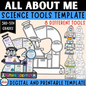 May include: A digital and printable science tools template for 3rd-5th grades titled All About Me Science Tools Template. It features a large microscope-shaped worksheet with sections for personal details, interests, and goals, alongside eight smaller tool-themed activity sheets.