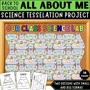 Peut inclure: Un projet de tessellation scientifique Back to School All About Me avec des feuilles de travail en forme de flacon disposées en motif. Le texte indique Our Class Science Lab, et l'ensemble comprend 18 pages avec deux formats différents.