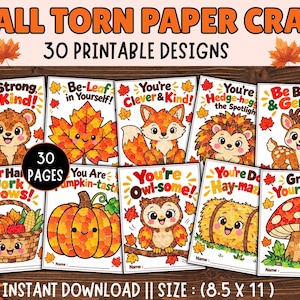 Könnte beinhalten: Eine Sammlung von 30 druckbaren Bastelvorlagen aus gerissenem Papier zum Thema Herbst mit Illustrationen von Bär, Blatt, Fuchs, Igel, Reh, Korb, Kürbis, Eule, Heuballen und Pilz sowie Texten, im Format 8,5 x 11 Zoll zum sofortigen Download.