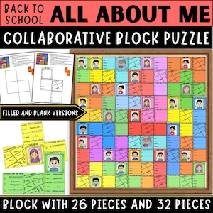 May include: A Back to School All About Me collaborative block puzzle activity set featuring printable templates for 26 and 32 pieces. The colourful grid displays individual student portraits, personal information sections, and goal-setting prompts.