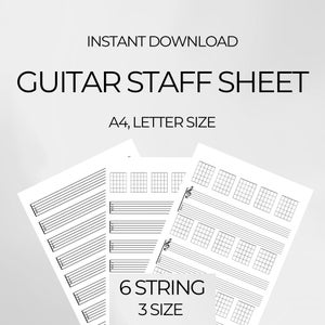 May include: White guitar staff sheets with musical notation, including staff lines and guitar fretboard diagrams. Text reads "INSTANT DOWNLOAD", "GUITAR STAFF SHEET", "A4, LETTER SIZE", "6 STRING", and "3 SIZE".