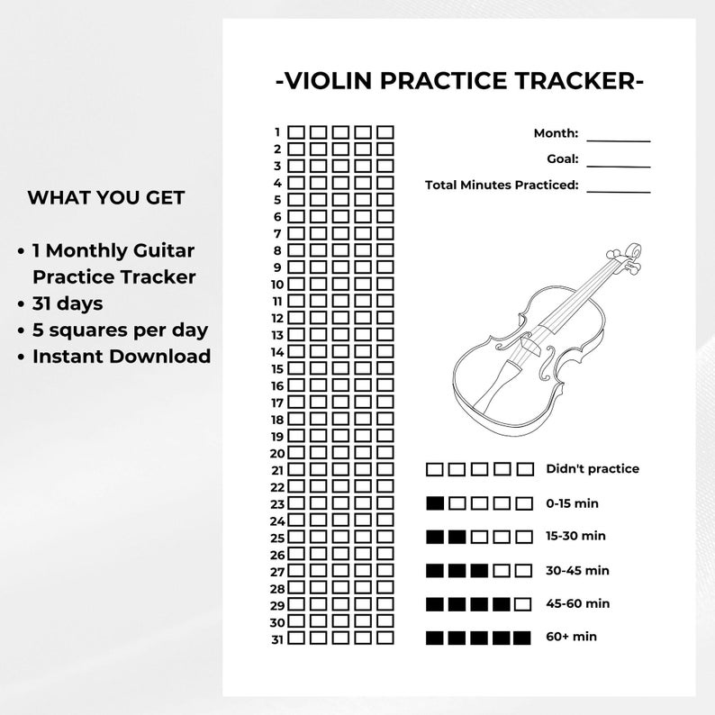 Violin Practice Log Printable, Minimalist String Instrument Tracker, 30 ...