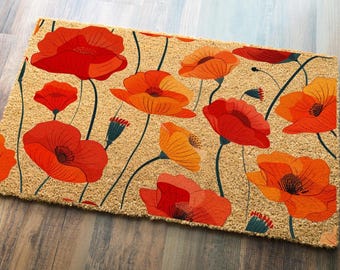 Poppy Flower Doormat, Floral Welcome Mat, Botanical Coir Door Mat, Cottagecore Decor, Spring Front Porch Rug Gift