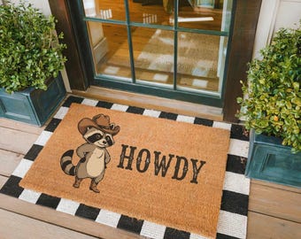 Howdy Racoon Cowboy Funny Doormat Western Decor Funny Coir Door Mat Welcome Mat Funny Housewarming gift New Home Gift for Home