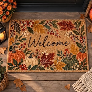 May include: A rectangular coir doormat featuring the word Welcome in black script. The design includes a border of autumn-themed illustrations, specifically orange and green pumpkins, red berries, white berries, and various fall-colored leaves.