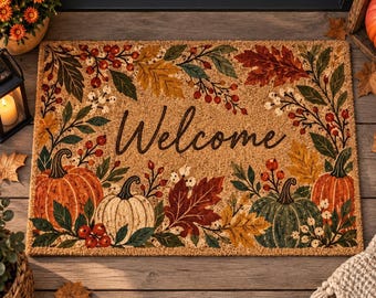 Fall Welcome Doormat, Autumn Pumpkin Door Mat, Thanksgiving Porch Decor, Floral Fall Welcome Mat, Rustic Autumn Housewarming Gift