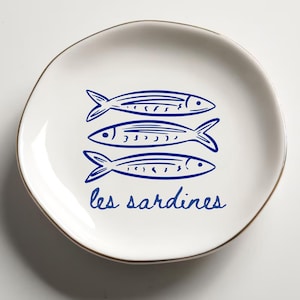 Les Sardines Trinket Dish, French Bistro Ceramic Catchall Tray, Blue Sardine Jewelry Dish, Coastal Aesthetic Ring Holder, Seafood Decor image 1