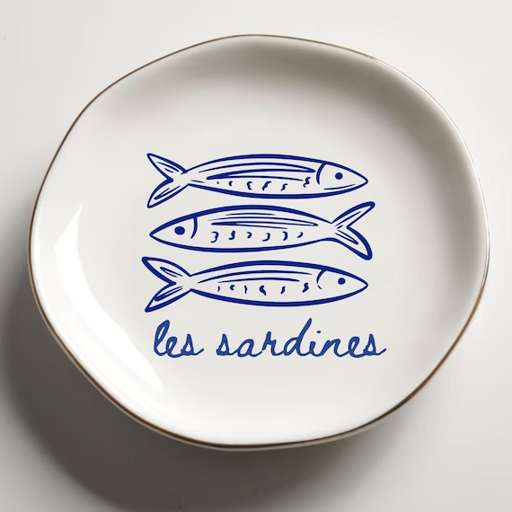 Les Sardines Trinket Dish, French Bistro Ceramic Catchall Tray, Blue Sardine Jewelry Dish, Coastal Aesthetic Ring Holder, Seafood Decor