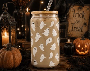 Ghost Halloween Glass Cup, Halloween Tumbler with Straw, Spooky Season Iced Coffee Cup, Fall Glass Can, Ghost Cup, Halloween Gift for Her