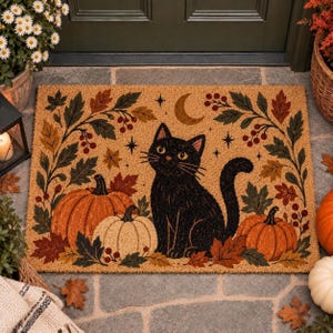 May include: A rectangular coir doormat featuring a central black cat sitting among orange and white pumpkins. The design is framed by autumn leaves, red berries, and a crescent moon with stars, all printed in a dark, earthy color palette.