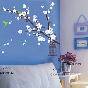 Blossom Branch with decorative bird cage Vinyl Wall Decal Sticker Art image 1