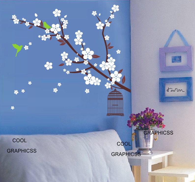 Blossom Branch with decorative bird cage Vinyl Wall Decal Sticker Art image 1