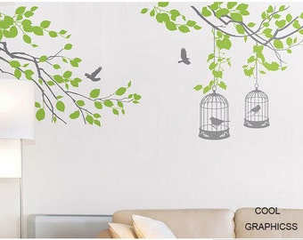 Branches with birds cage -vinyl wall decals trees wall sticker,girl baby nursery bedroom children wall decor,art home decor wall hanging